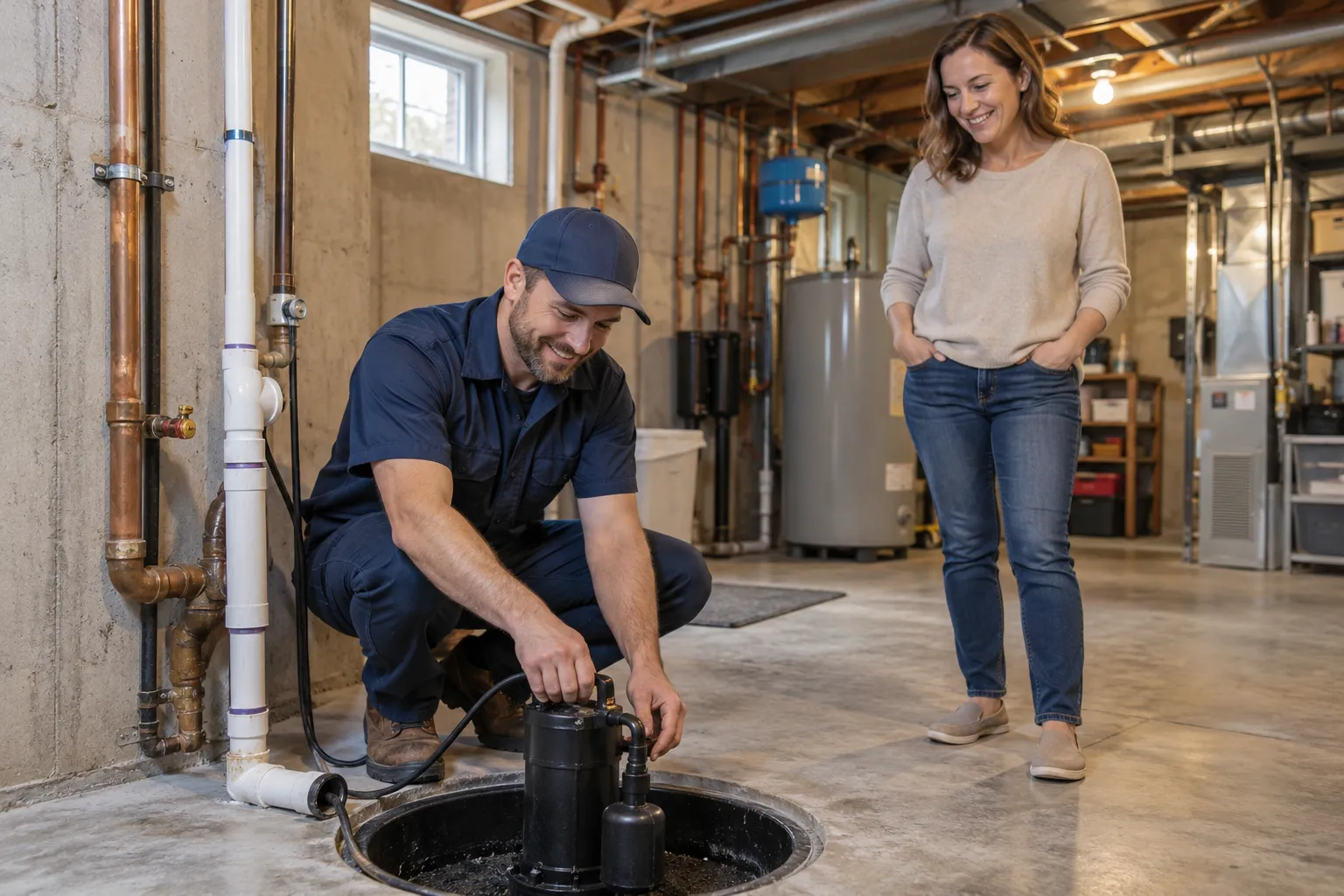 A provider inspecting a basement sump pump near Hamel